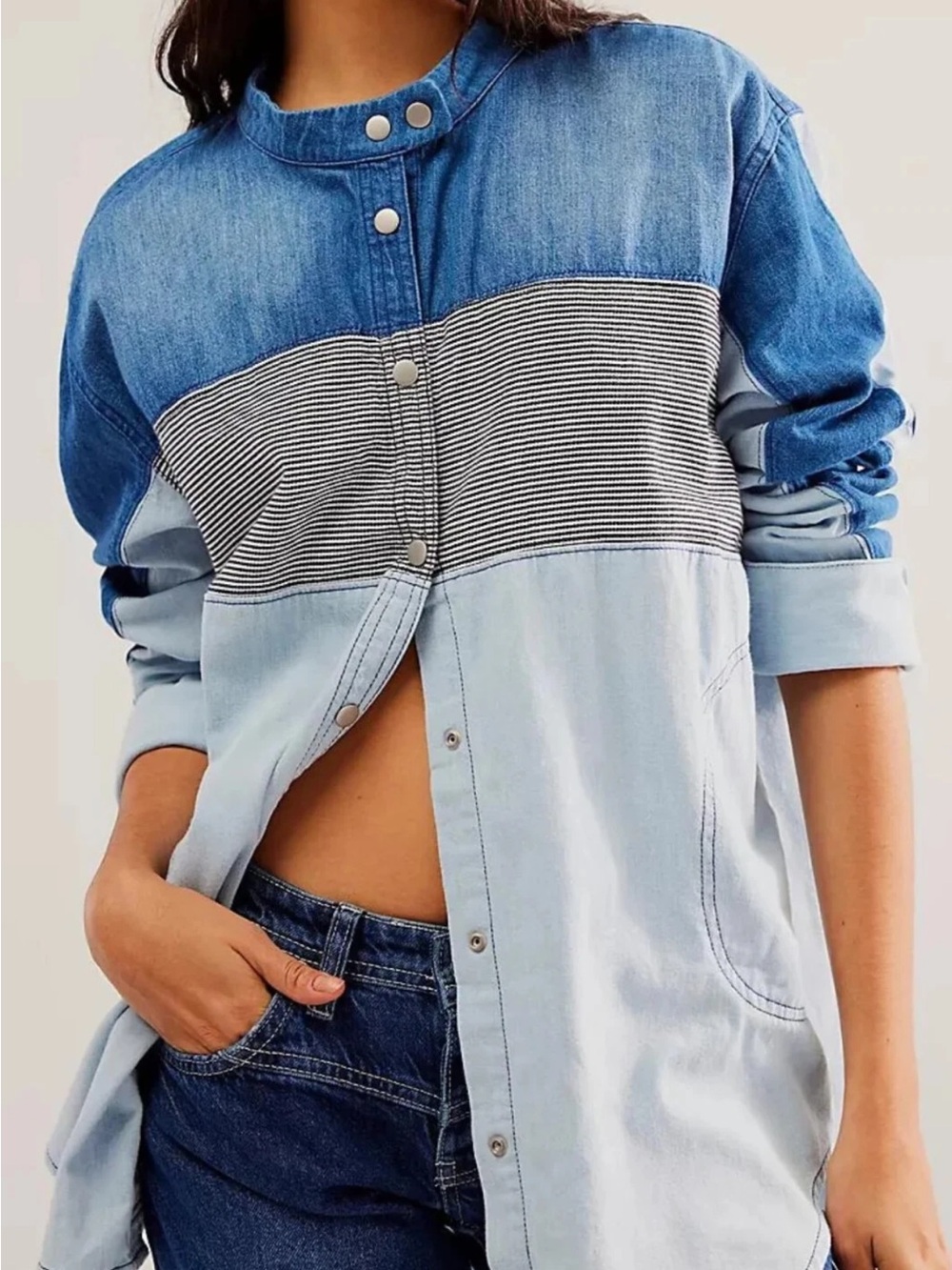 We The Free Free People patchwork colorblock Denim Shirt Oversized, Boho,Utility